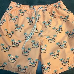 Life Is Good Orange Swim Shorts with Tropical Print
